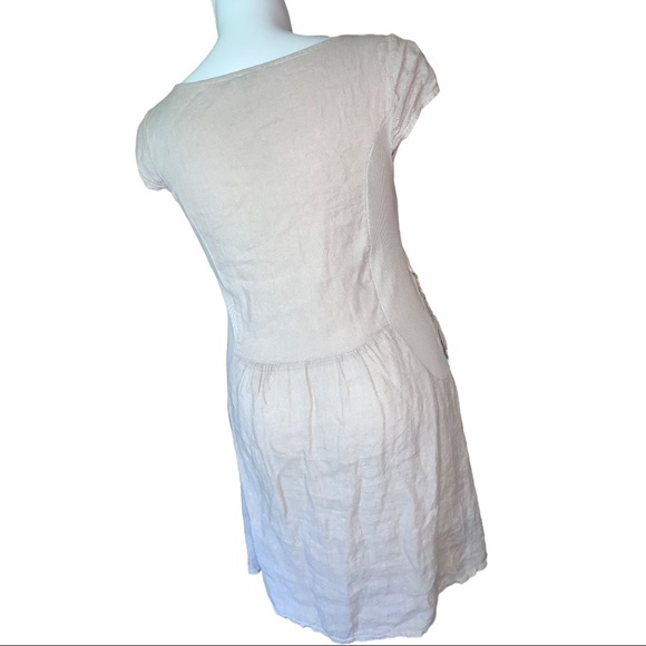 Made in Italy Linen Dress Tan Boho Print Cap Sleeve Pocket Tunic M/L - Picture 4 of 16